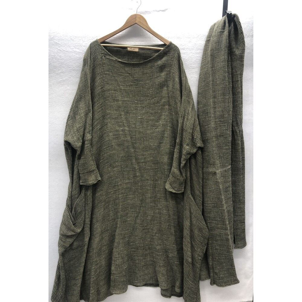 Renee Women Dress & Headwrap Green Oversize Flowy Pockets Lagenlook Boho Sleeves